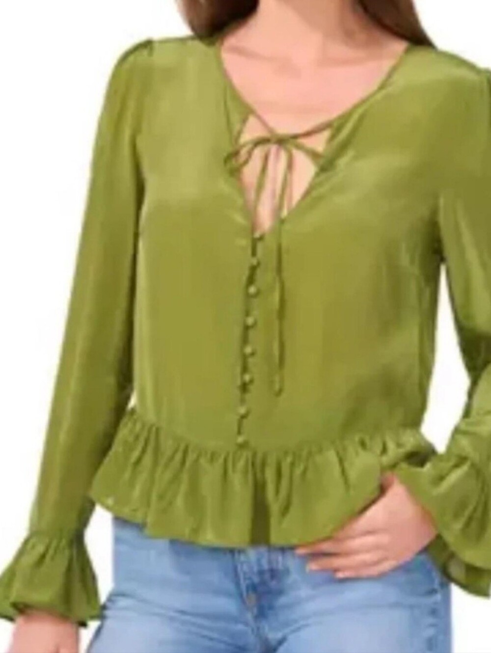 Parker Olive Green Tie-Neck Ruffle Hem Blouse